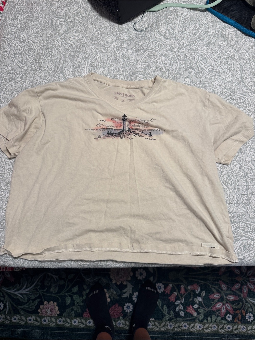 Life Is Good Cream Short Sleeve Tee with Lighthouse Graphic
